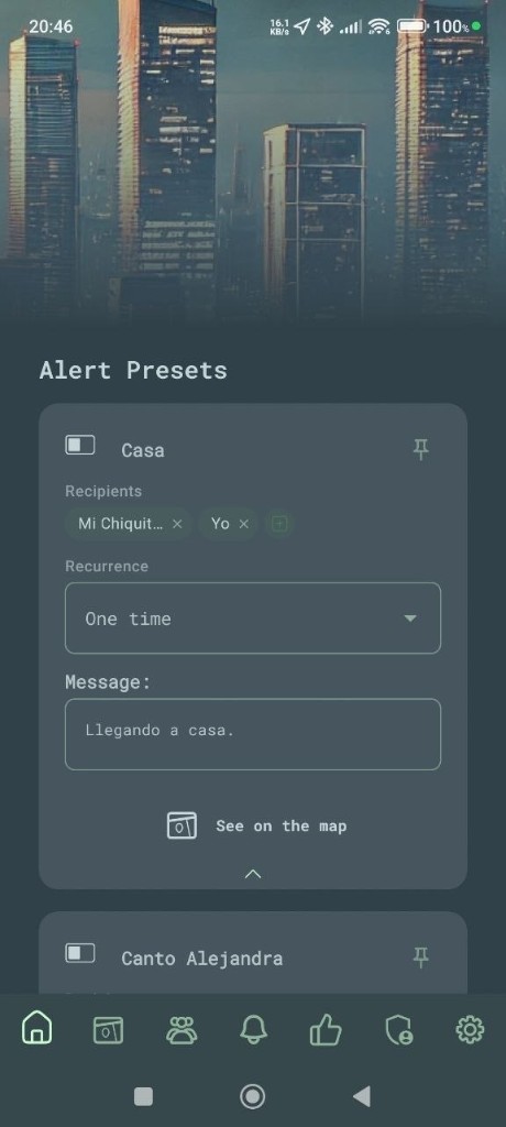 Alertas salvos do HailMe com destinatários, local e mensagem